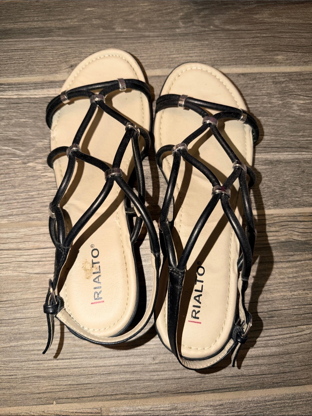 Rialto Black Strappy T-Top Women's Sandals with Cream Footbed